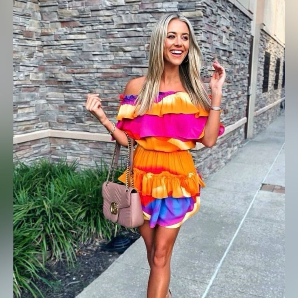 BuddyLove Kiera Ruffled Off the Shoulder Mini Dress - Sunset